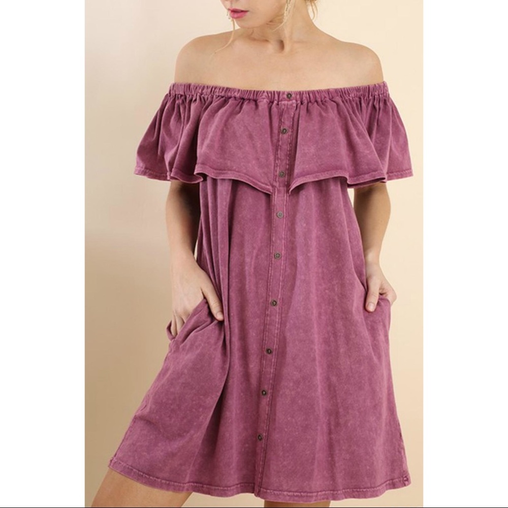 Umgee Mineral Wash Off Shoulder Dress - Picture 1 of 7